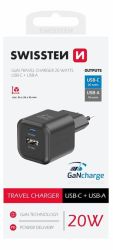 Swissten Swissten GaN hlzati tltadapter 1xUSB-C PD 20W, 1xUSB-A QC 18W, fekete