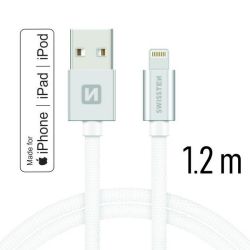 Swissten adat- s tltkbel textil bevonattal, USB/lightning MFI, 1,2 m ezst/fehr